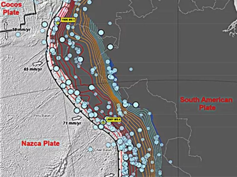 Mapa do serviço Geológico dos Estados Unidos mostra terremotos ocorridos na região da Cordilheira dos Andes, próximo à fronteira com o Brasil, entre 1900 e 2014